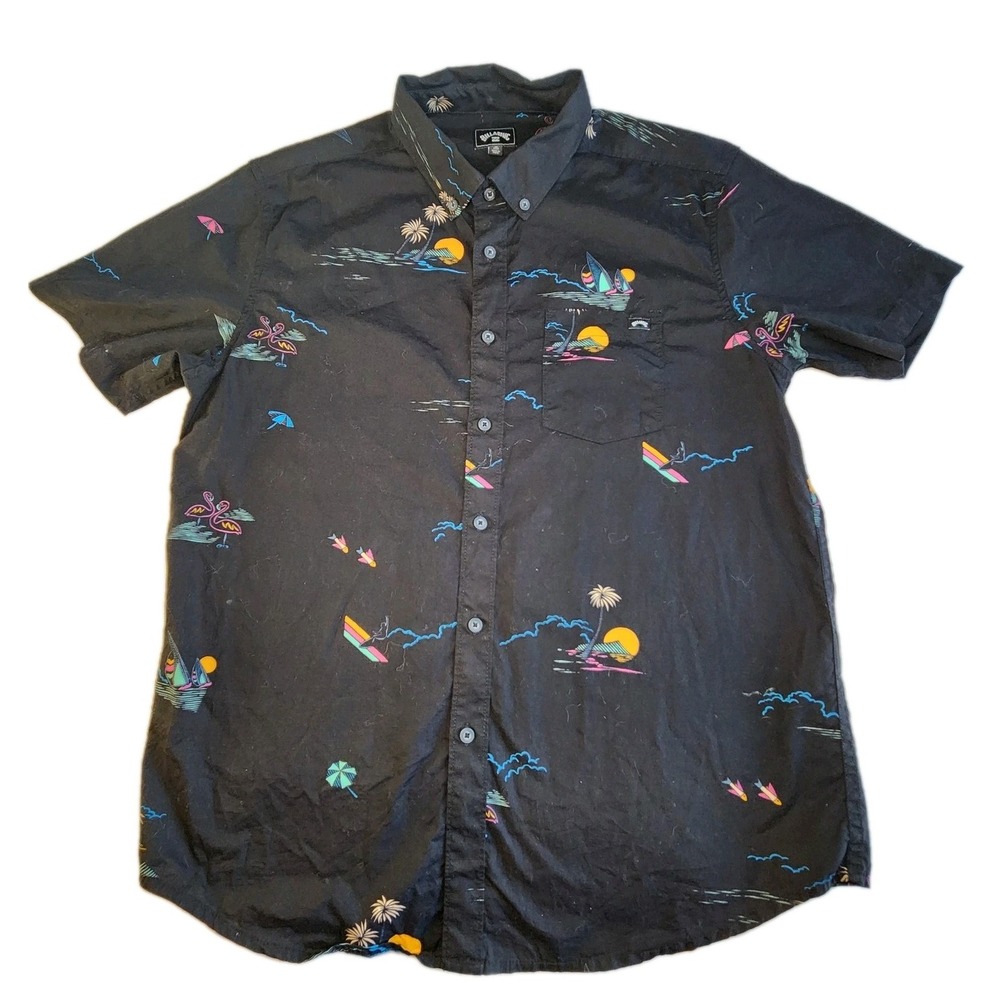 BILLABONG Button Shirt Mens Medium Black Hawaiian Tropical Flamingo‎ Surfer Y2K